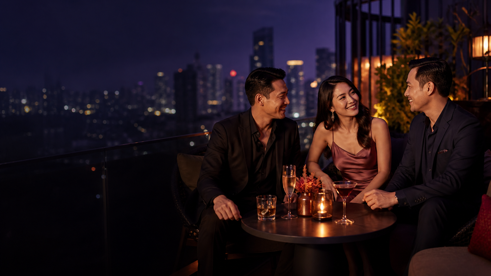ผู้ชายสองคนและผู้หญิงหนึ่งคนกำลังพูดคุยกันบน rooftop ในกรุงเทพฯ ยามค่ำ